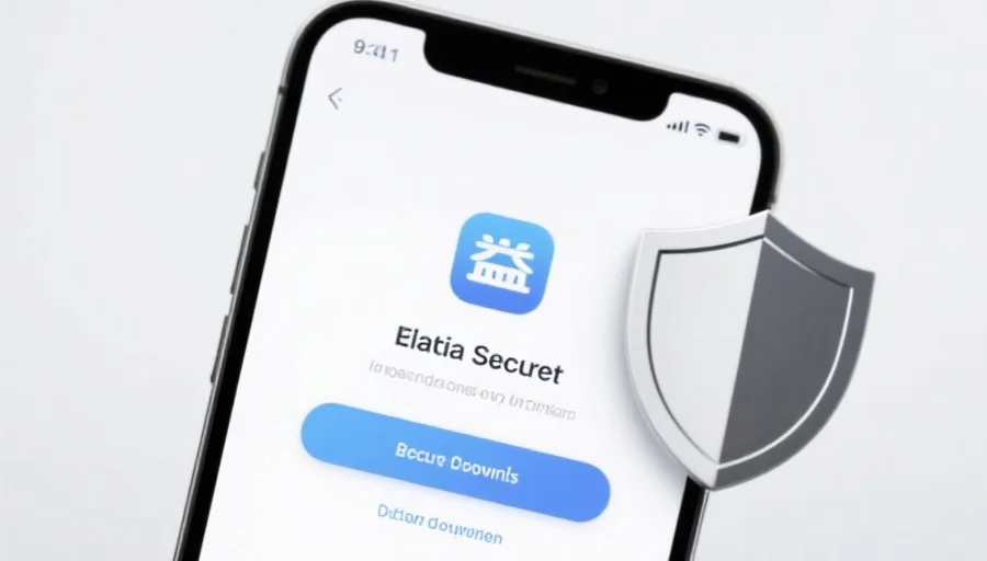 一部现代智能手机屏幕上显示V8哈希应用的安全下载界面，旁边有安全盾牌图标，背景简洁