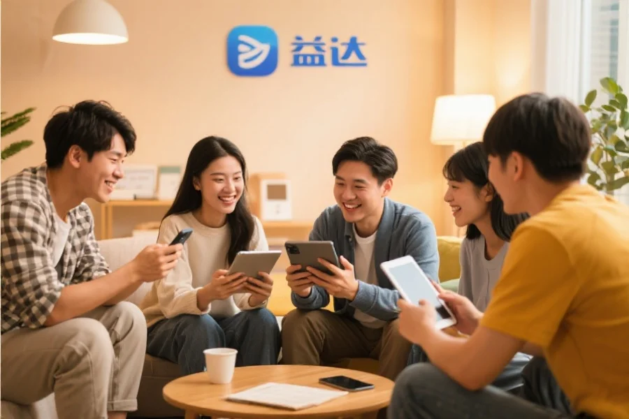 一群年轻用户围坐在一起，使用平板和手机愉快地交流，背景温馨现代，象征V8哈希应用的社区活跃氛围